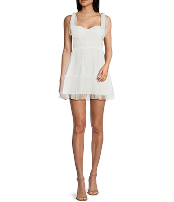B. Darlin Flocked Dot Mesh Sweetheart Neck Shirred Bustier Mini Dress