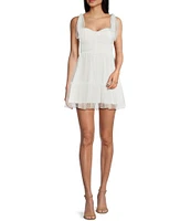 B. Darlin Flocked Dot Mesh Sweetheart Neck Shirred Bustier Mini Dress