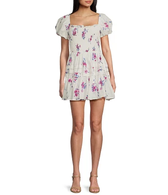 B. Darlin Floral Print Puff Sleeve Smocked Fit And Flare Dress