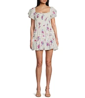 B. Darlin Floral Print Puff Sleeve Smocked Fit And Flare Dress