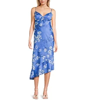 B. Darlin Floral Print Satin V-Neck Tie Front Asymmetrical Ruffle Hem Midi Dress