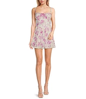 B. Darlin Floral Print Square Neck Lace & Ribbon Trim A-Line Dress
