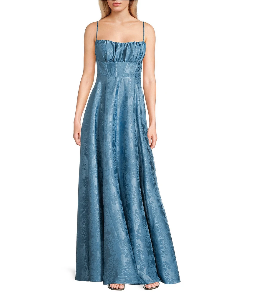 B. Darlin Floral Print Square Neck Spaghetti Strap Front Slit A-Line Dress