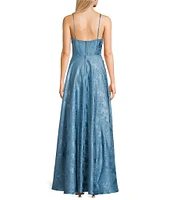 B. Darlin Floral Print Square Neck Spaghetti Strap Front Slit A-Line Dress