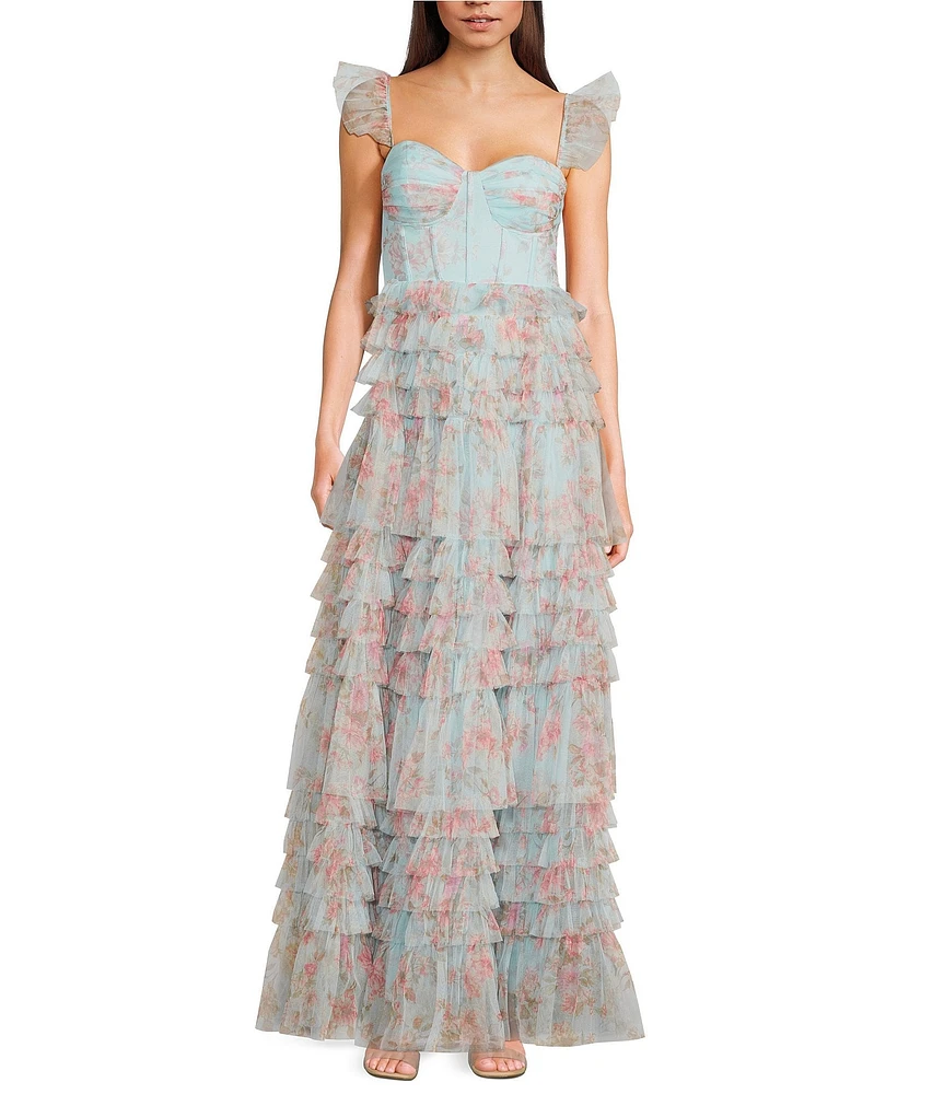 B. Darlin Floral Print Sweetheart Neck Bustier Spaghetti Strap Flutter Sleeve Ruffle Dress