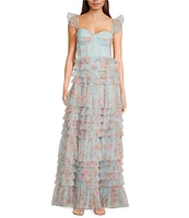 B. Darlin Floral Print Sweetheart Neck Bustier Spaghetti Strap Flutter Sleeve Ruffle Dress