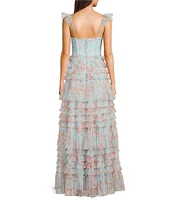 B. Darlin Floral Print Sweetheart Neck Bustier Spaghetti Strap Flutter Sleeve Ruffle Dress