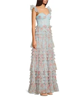 B. Darlin Floral Print Sweetheart Neck Bustier Spaghetti Strap Flutter Sleeve Ruffle Dress