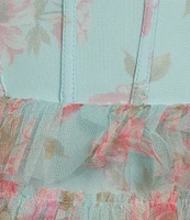 B. Darlin Floral Print Sweetheart Neck Bustier Spaghetti Strap Flutter Sleeve Ruffle Dress