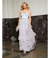B. Darlin Floral Print Sweetheart Neck Bustier Spaghetti Strap Flutter Sleeve Ruffle Dress