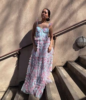 B. Darlin Floral Print Sweetheart Neck Bustier Spaghetti Strap Flutter Sleeve Ruffle Dress