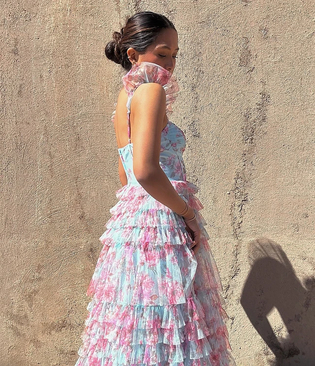 B. Darlin Floral Print Sweetheart Neck Bustier Spaghetti Strap Flutter  Sleeve Ruffle Dress at Hamilton Place in Chattanooga, TN