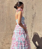 B. Darlin Floral Print Sweetheart Neck Bustier Spaghetti Strap Flutter Sleeve Ruffle Dress