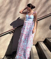B. Darlin Floral Print Sweetheart Neck Bustier Spaghetti Strap Flutter Sleeve Ruffle Dress