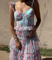 B. Darlin Floral Print Sweetheart Neck Bustier Spaghetti Strap Flutter Sleeve Ruffle Dress
