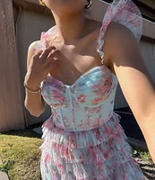 B. Darlin Floral Print Sweetheart Neck Bustier Spaghetti Strap Flutter Sleeve Ruffle Dress