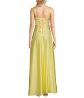 B. Darlin Sweetheart Neck Wide Strap Bustier Lace-Up Back Side Slit Dress