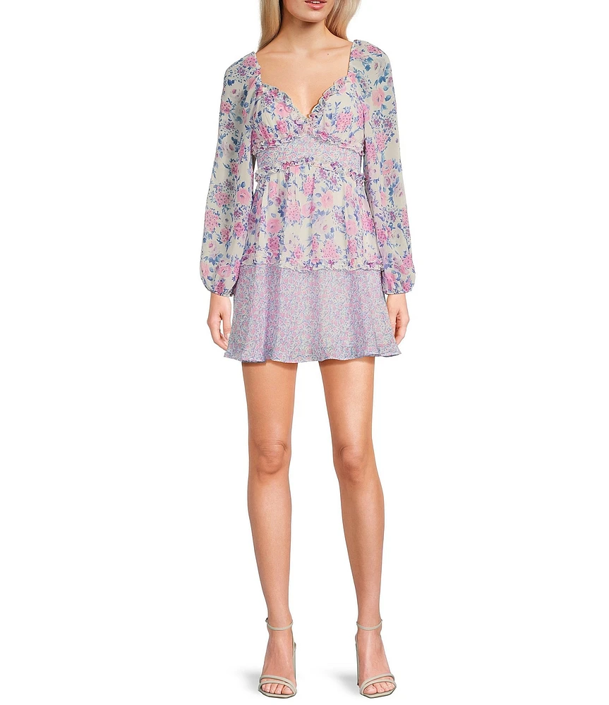 B. Darlin Floral Print V-Neck Smocked Long Sleeve Ruffle Layered Dress