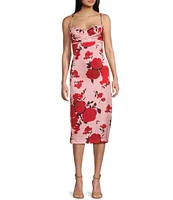 B. Darlin Floral Satin Spaghetti Strap Sweetheart-Neck Fitted Midi Dress