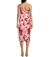 B. Darlin Floral Satin Spaghetti Strap Sweetheart-Neck Fitted Midi Dress