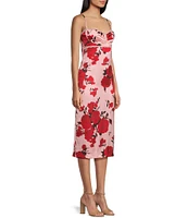 B. Darlin Floral Satin Spaghetti Strap Sweetheart-Neck Fitted Midi Dress