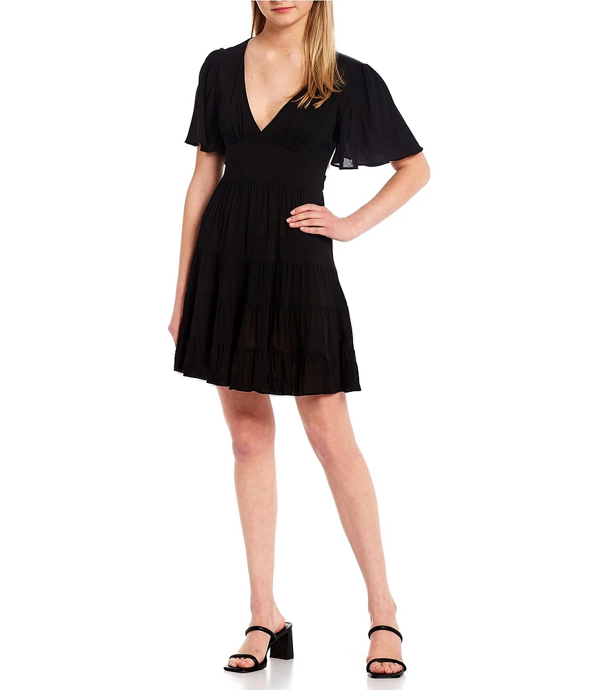 B. Darlin Flutter Short-Sleeve Deep V-Neck Ruffled Tier Fit-And-Flare Dress