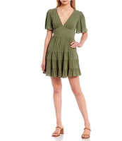 B. Darlin Flutter Short-Sleeve Deep V-Neck Ruffled Tier Fit-And-Flare Dress