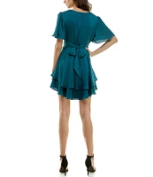 B. Darlin Flutter Short Sleeve V-Neck Back Tie Ruffle Dress