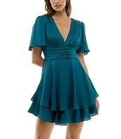 B. Darlin Flutter Short Sleeve V-Neck Back Tie Ruffle Dress