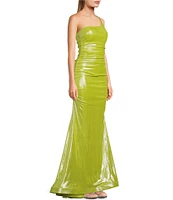 B. Darlin Foil One Shoulder Double Spaghetti Strap Shirred Long Dress