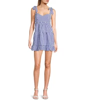 B. Darlin Gingham Print Tie Strap Sweetheart Neck Trim Detail Babydoll Dress