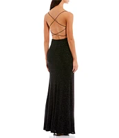 B. Darlin Glitter Cowl Neck Front Slit Long Dress