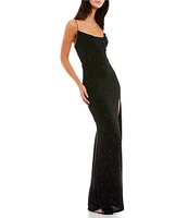 B. Darlin Glitter Cowl Neck Front Slit Long Dress