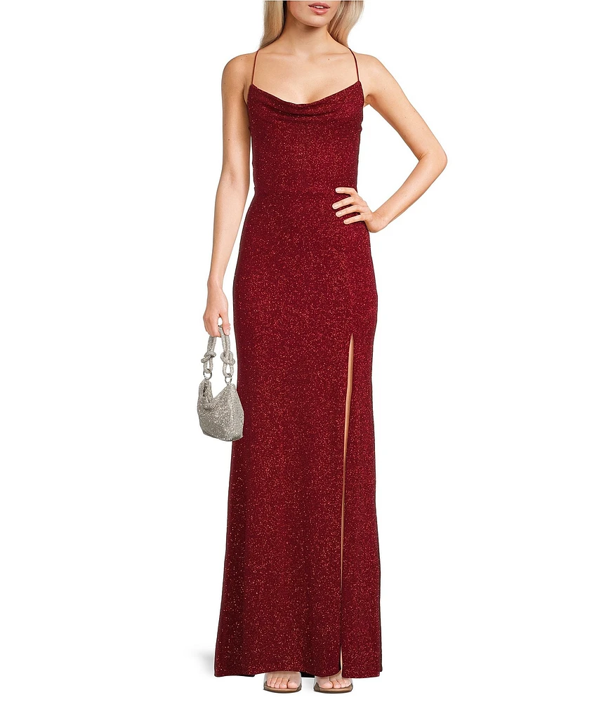 B. Darlin Glitter Cowl Neck Front Slit Long Dress