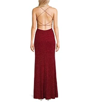 B. Darlin Glitter Cowl Neck Front Slit Long Dress