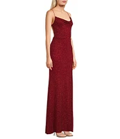 B. Darlin Glitter Cowl Neck Front Slit Long Dress