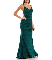 B. Darlin Glitter Ruched Cowl Neck Long Dress