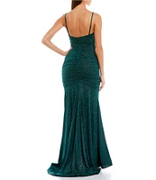 B. Darlin Glitter Ruched Cowl Neck Long Dress