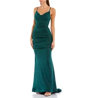 B. Darlin Glitter Ruched Cowl Neck Long Dress