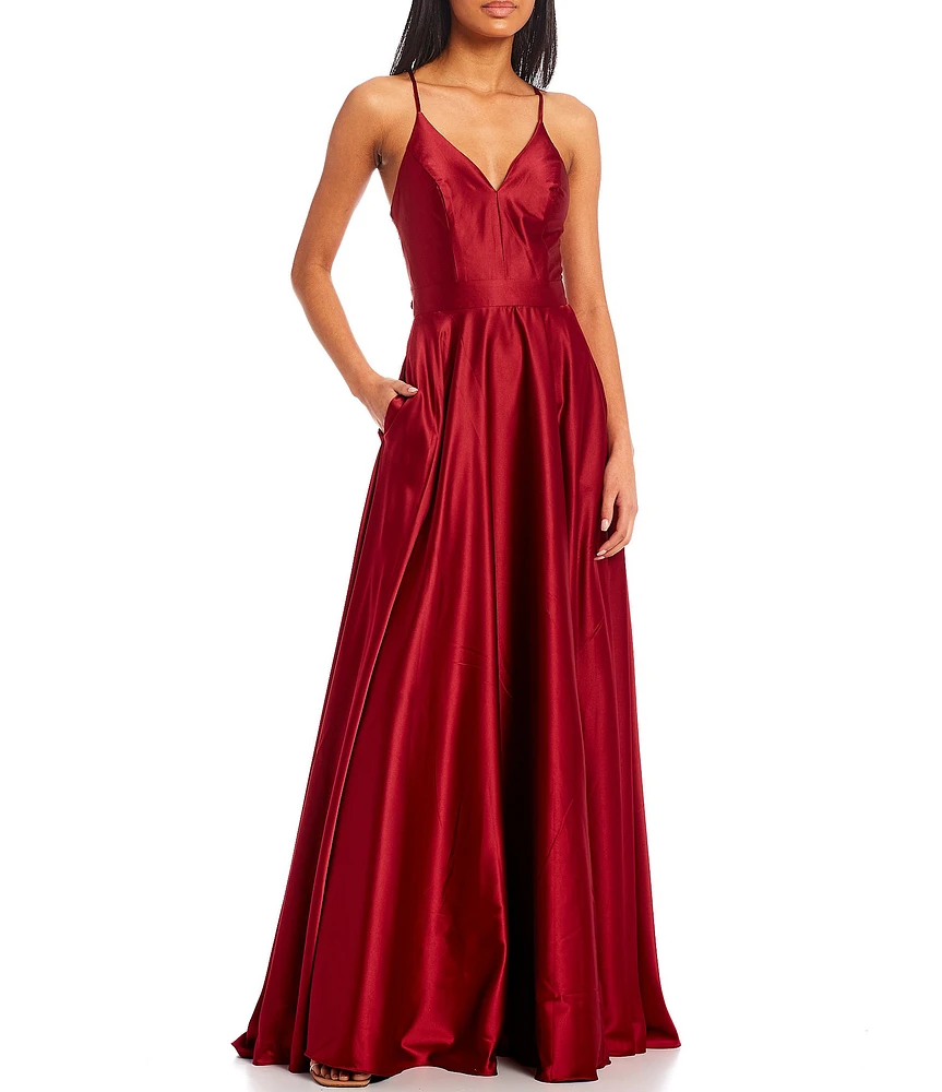 B. Darlin Lace Bra Back Satin Long Dress