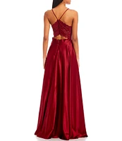 B. Darlin Lace Bra Back Satin Long Dress