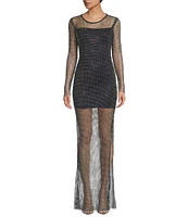 B. Darlin Long Sleeve Rhinestone Mesh Side Slit Long Dress