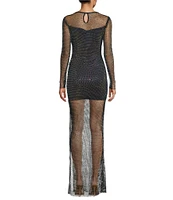 B. Darlin Long Sleeve Rhinestone Mesh Side Slit Long Dress