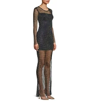 B. Darlin Long Sleeve Rhinestone Mesh Side Slit Long Dress