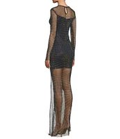 B. Darlin Long Sleeve Rhinestone Mesh Side Slit Long Dress