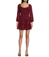 B. Darlin Jacquard Square Neck Long Sleeve Smocked Ruffle Dress