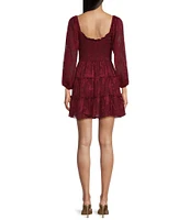 B. Darlin Jacquard Square Neck Long Sleeve Smocked Ruffle Dress