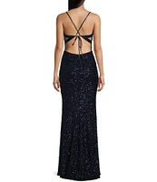 B. Darlin Mesh Sequin Spaghetti Strap V-Neck Dress