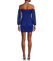 B. Darlin Glitter Mesh Sweetheart Neck 3/4 Sleeve Corset Ruched Bodycon Dress