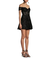 B. Darlin Sequin Off-The-Shoulder Lace Corset Fit & Flare Dress